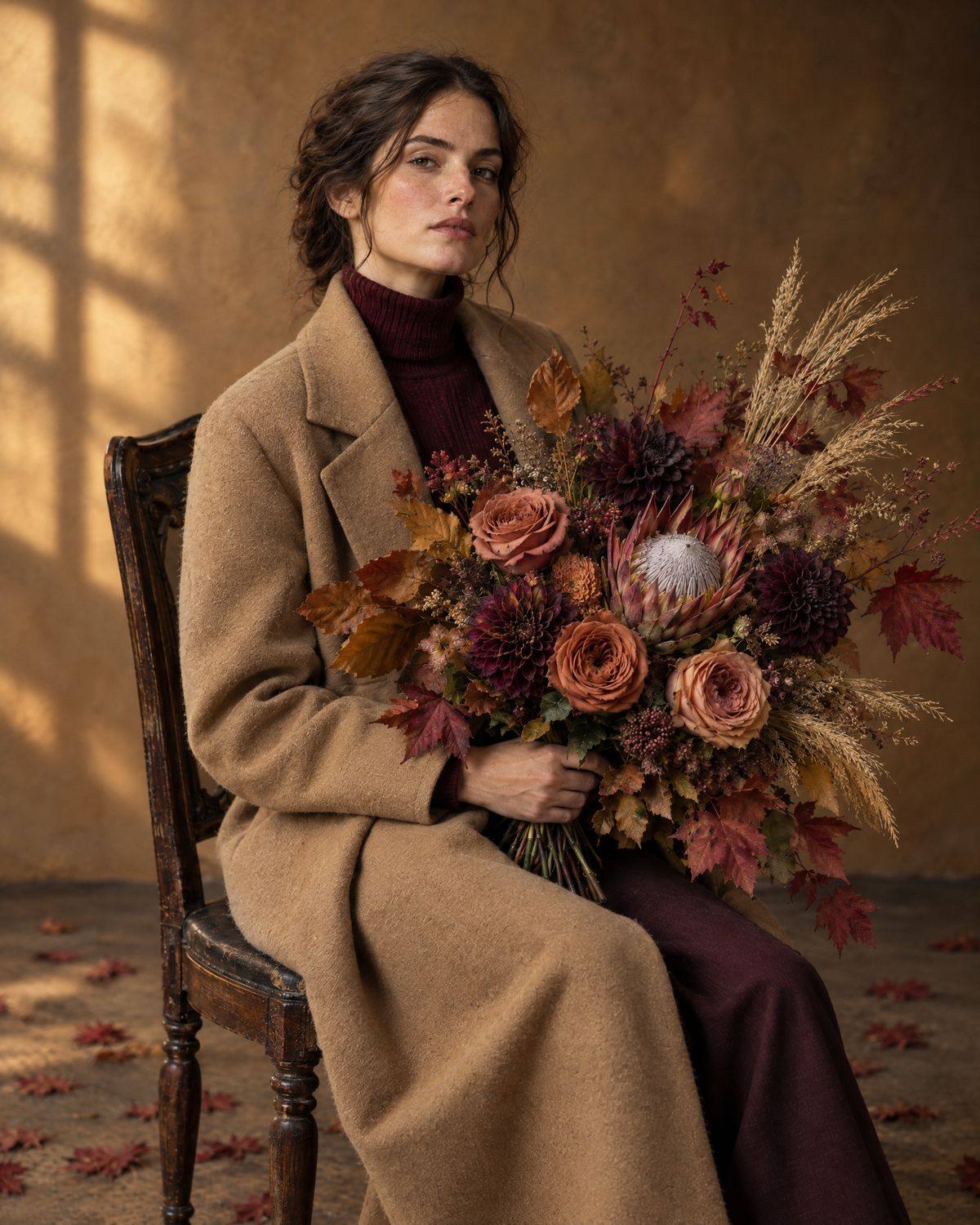 A woman in a camel coat holding a wild autumn bouquet of rust roses, protea and maple leaves