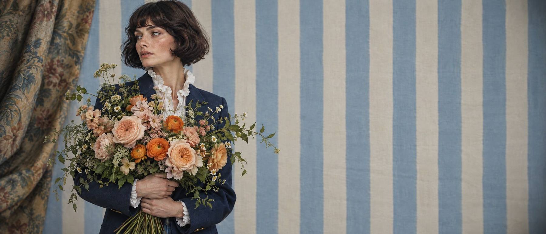 A woman with a vintage bob holding an apricot and orange bouquet