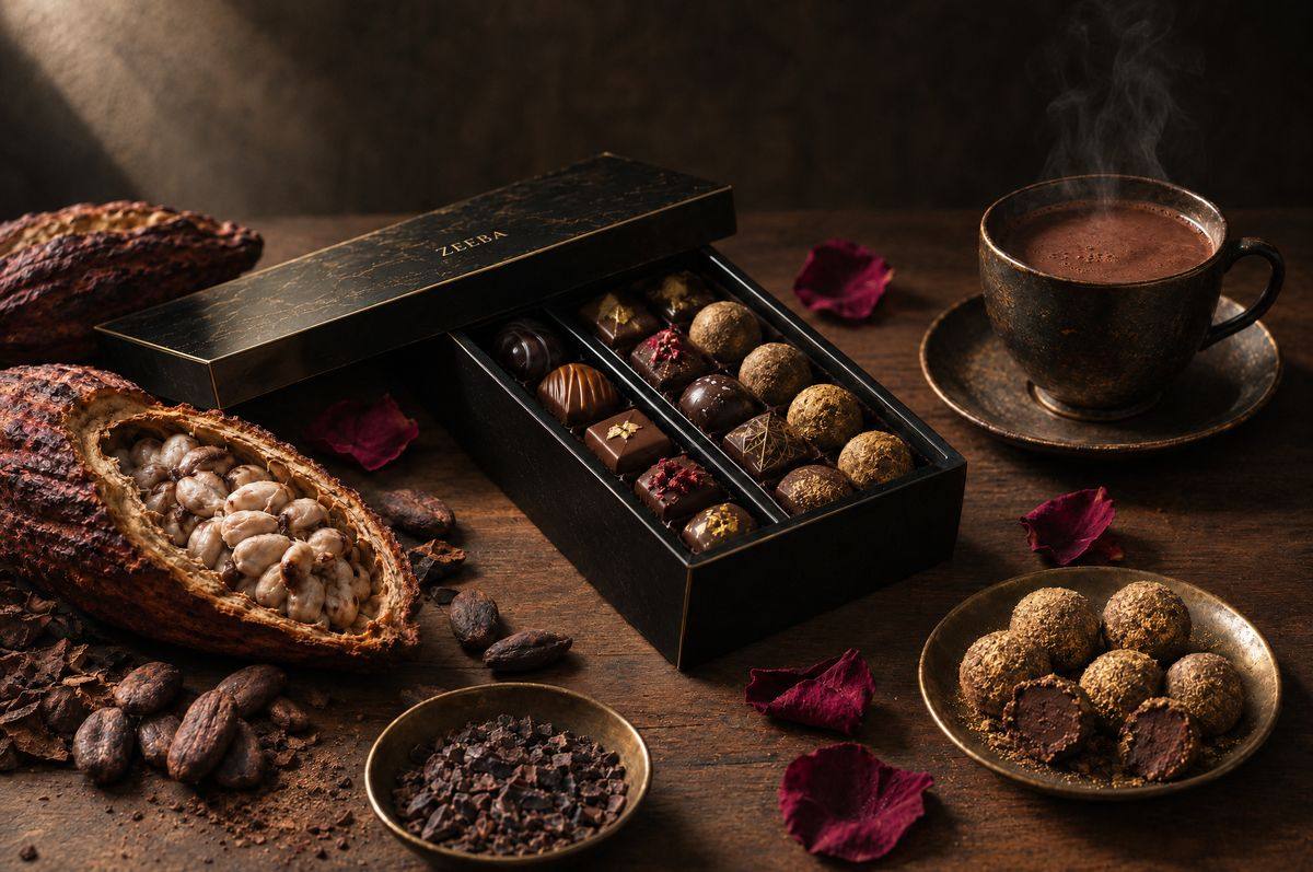 A black box of handmade chocolates beside split cacao pods and hot chocolate