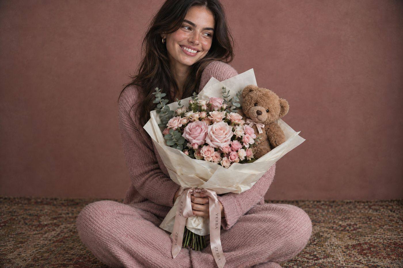 A smiling woman holding a pink rose bouquet with a teddy bear