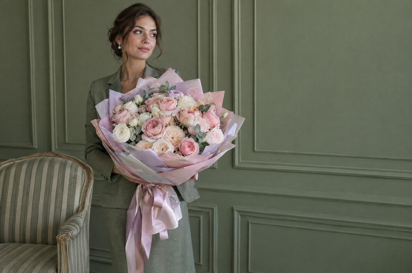 A woman in a sage suit holding a large bouquet in a layered blush and lilac wrap