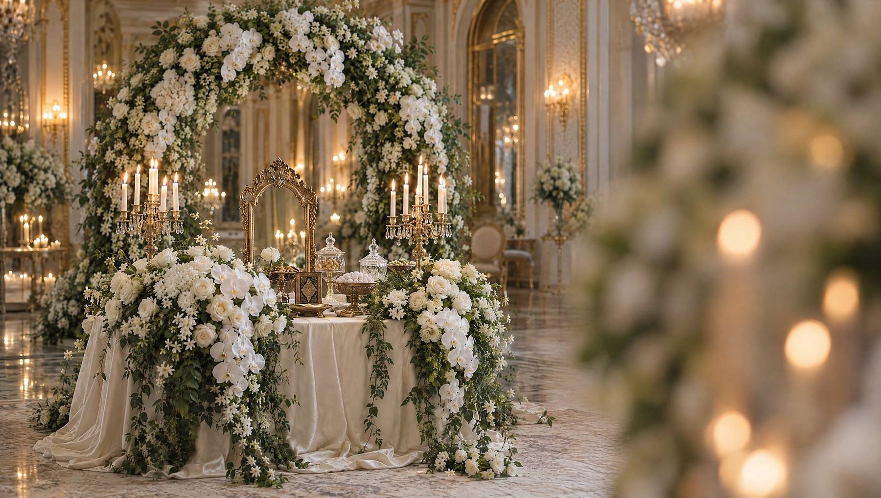 A wedding table and arch covered in white roses and orchids