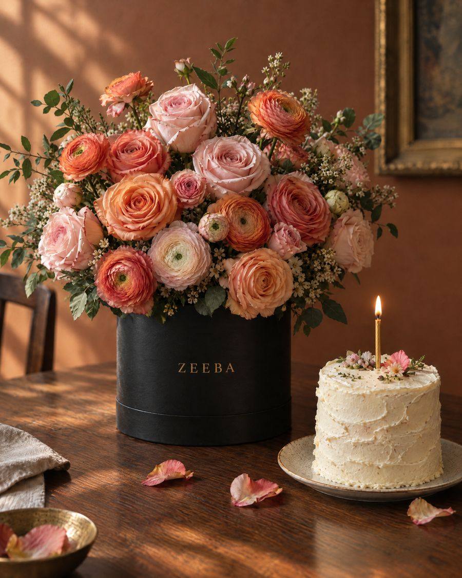 A black Zeeba hatbox of peach roses beside a small birthday cake with a candle