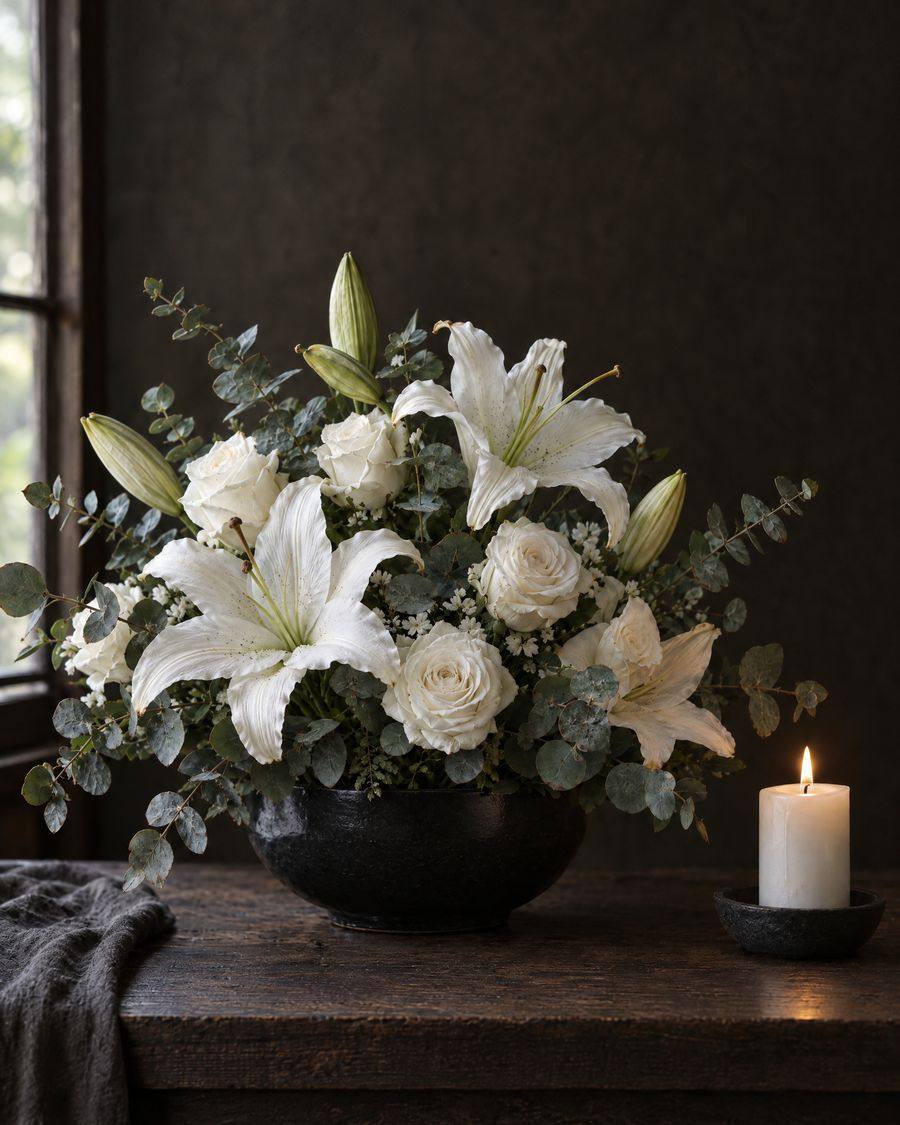 An all-white arrangement of lilies and roses beside a lit candle