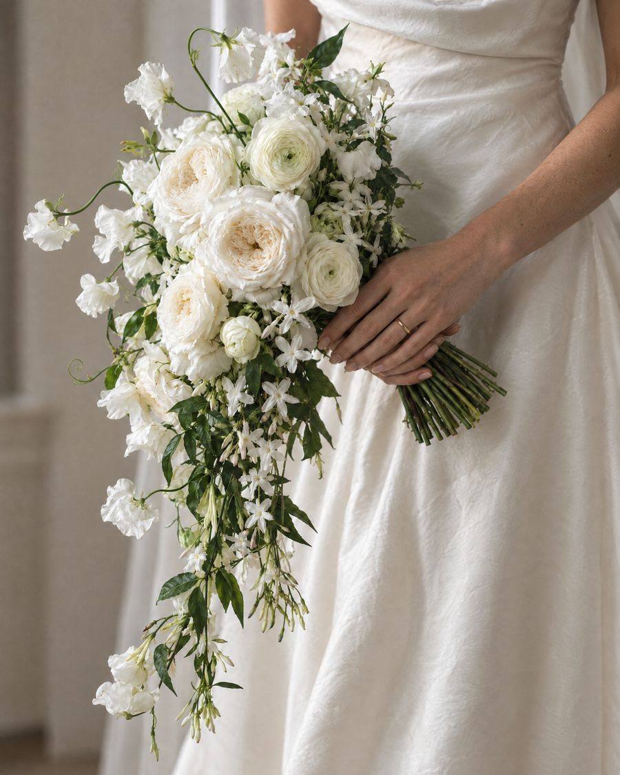 A bride holding a cascading bouquet of white roses and jasmine