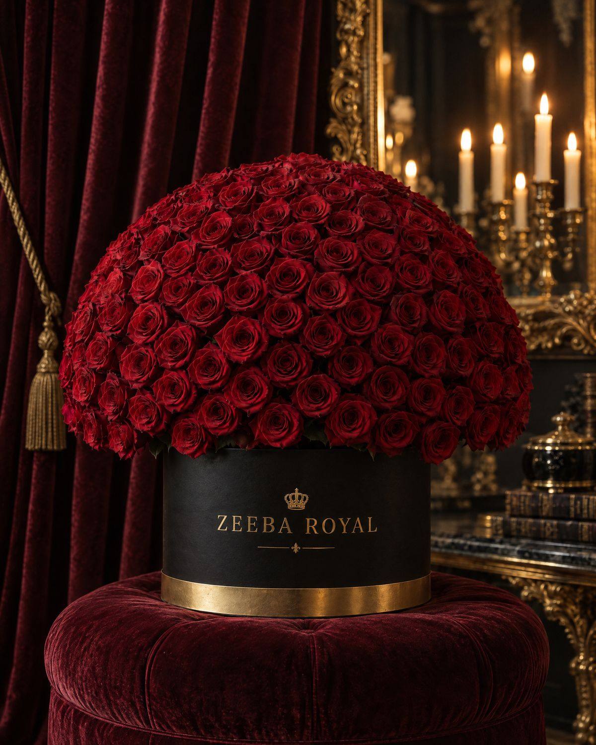 A Zeeba Royal hatbox holding a dome of one hundred crimson roses before velvet curtains and candlelight