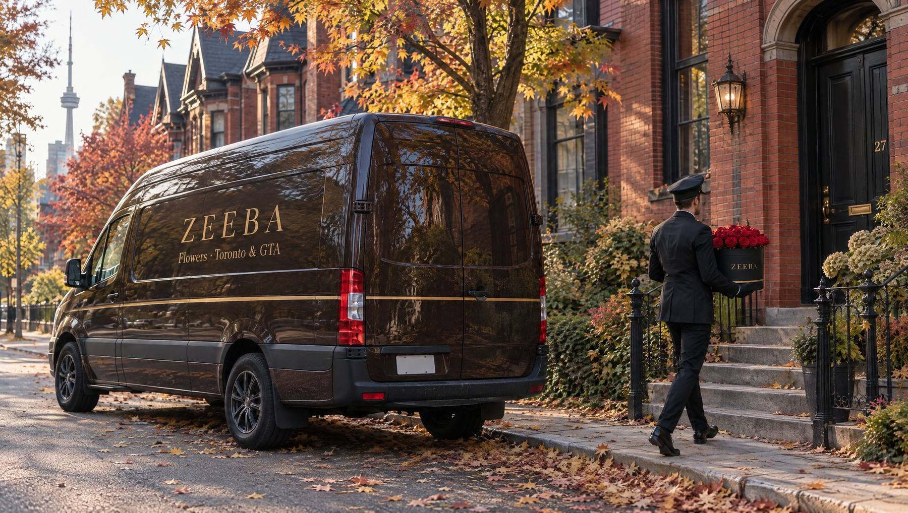 The espresso-brown Zeeba delivery van on a Toronto street in autumn, a driver carrying a hatbox of red roses to a front door